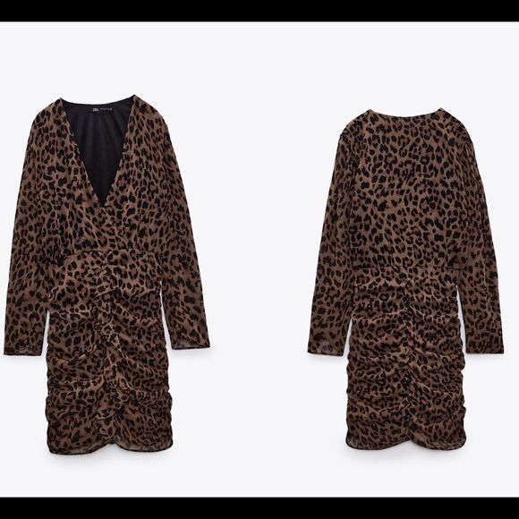 Zara Black brown ruffled animal leopard cheetah print ruched mini dress XS NWT - Picture 7 of 13